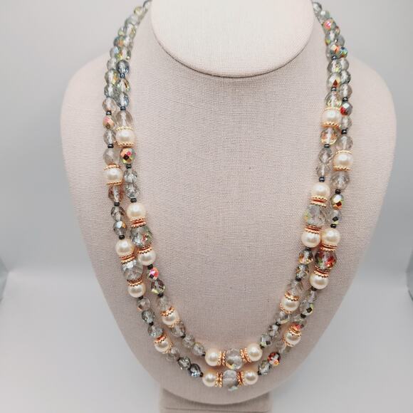 Czech Fire Polished Glass & Faux Pearl Two Strand Necklace 22 Inch Gold Tone - Picture 2 of 12